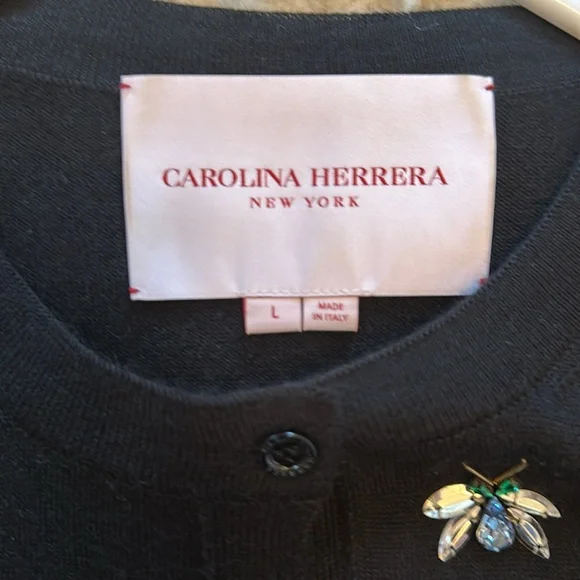 EUC Carolina Herrera Cashmere-silk Jeweled Bug Embroidered Cardigan In Black